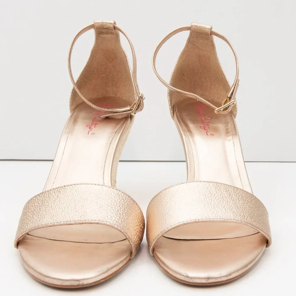 Lilly Pulitzer Bridgette Raffia Sandal Wedge Leather Ankle Strap Gold Size 9 - Picture 2 of 9